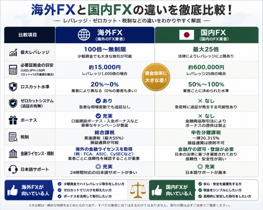 海外FXと国内FXの違いをレバレッジ・ゼロカット・必要証拠金などで比較した画像