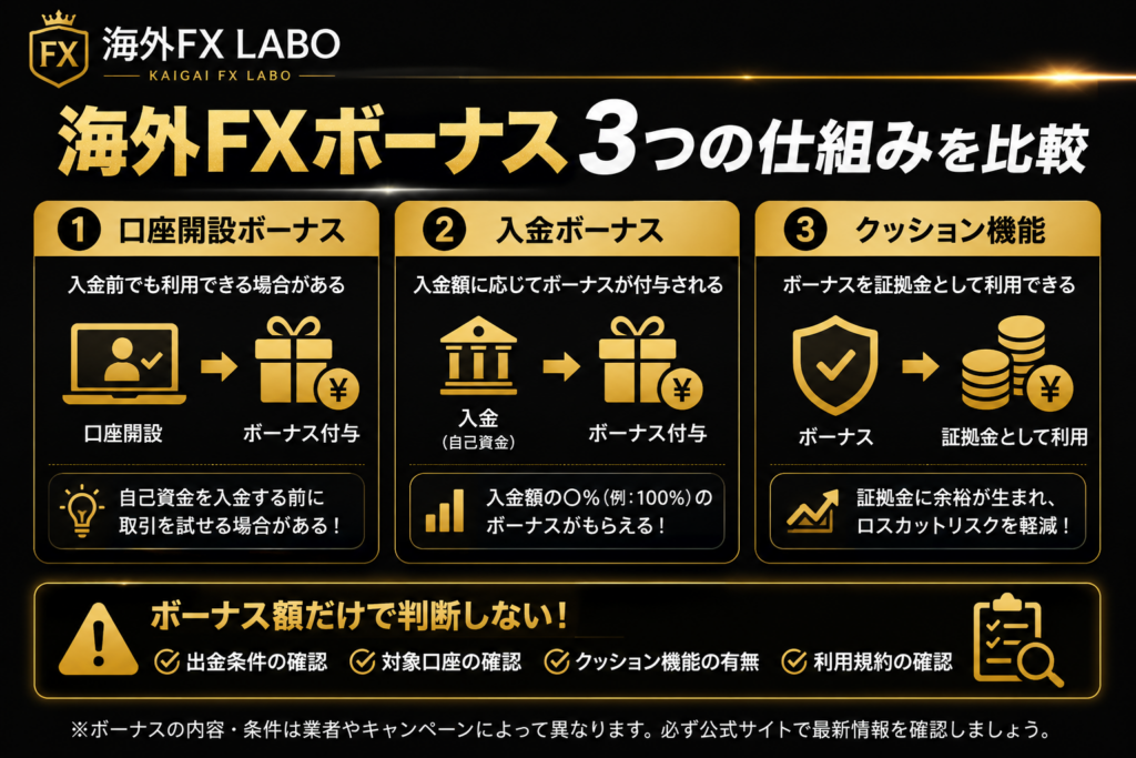 海外FX ボーナスの口座開設・入金ボーナス・クッション機能を比較