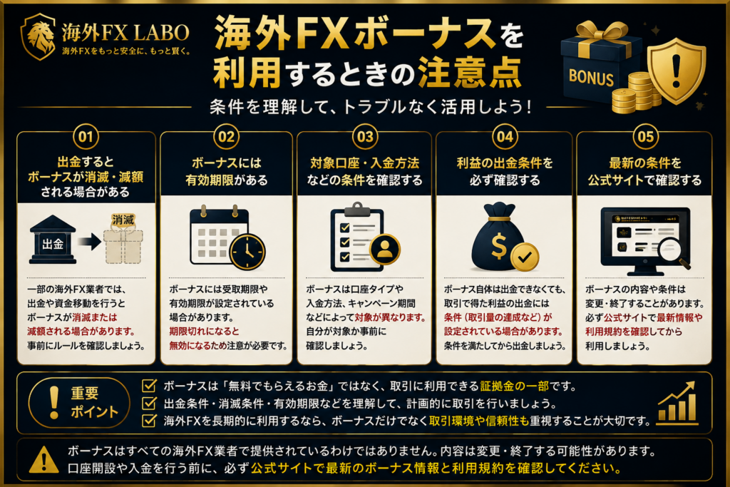 海外FX ボーナスを利用するときの注意点と出金条件