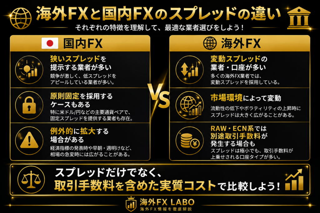 海外FXと国内FXのスプレッドの違いを比較した図解