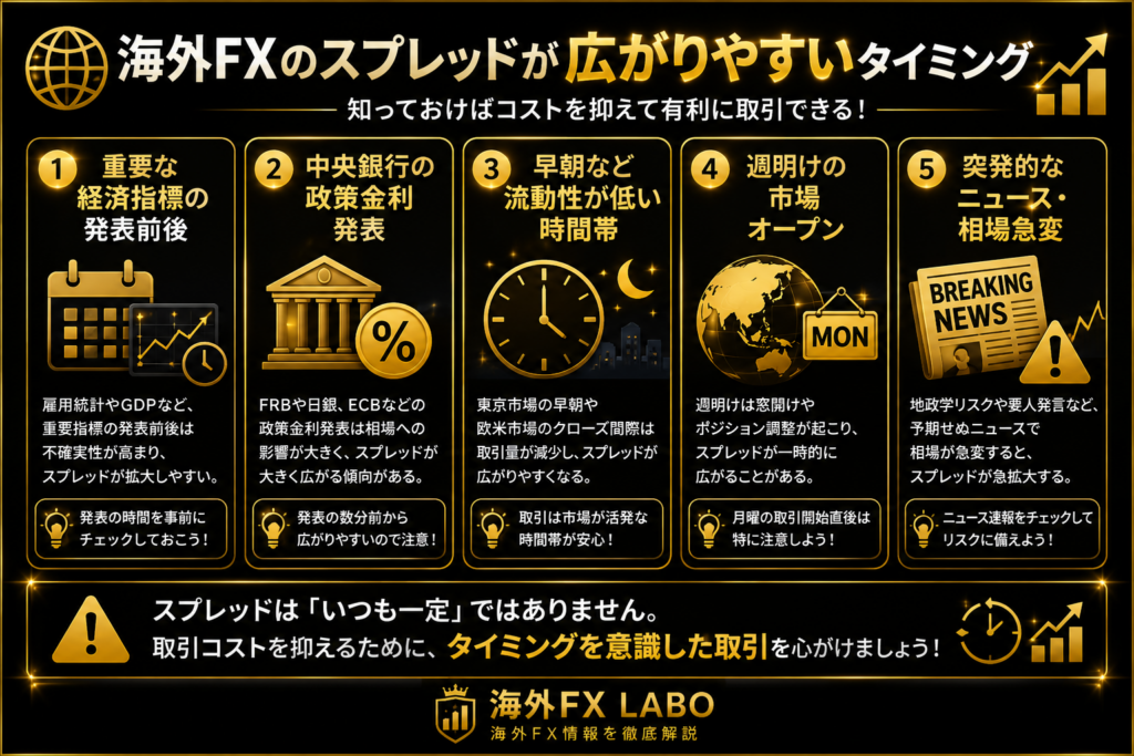 海外FXのスプレッドが広がりやすい5つのタイミングを解説した図解