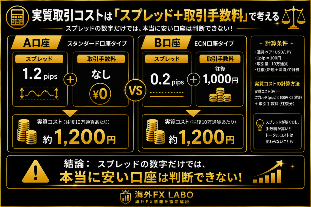海外FXの実質取引コストをスプレッドと取引手数料で比較した図解
