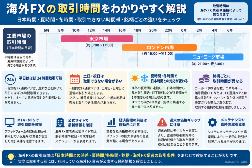 海外FXの取引時間とは？日本時間・夏時間と冬時間・主要市場・取引できない時間帯・銘柄ごとの違いを解説した図解