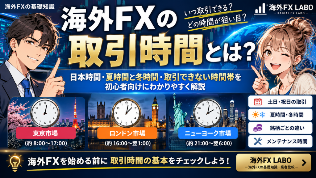 海外FXの取引時間とは？日本時間・夏時間と冬時間・東京・ロンドン・ニューヨーク市場・取引できない時間帯を初心者向けに解説