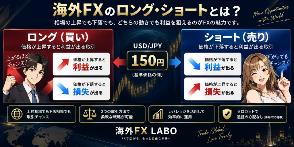海外FXのロング・ショートとは？ロング（買い）とショート（売り）の利益・損失の違いを解説した図解