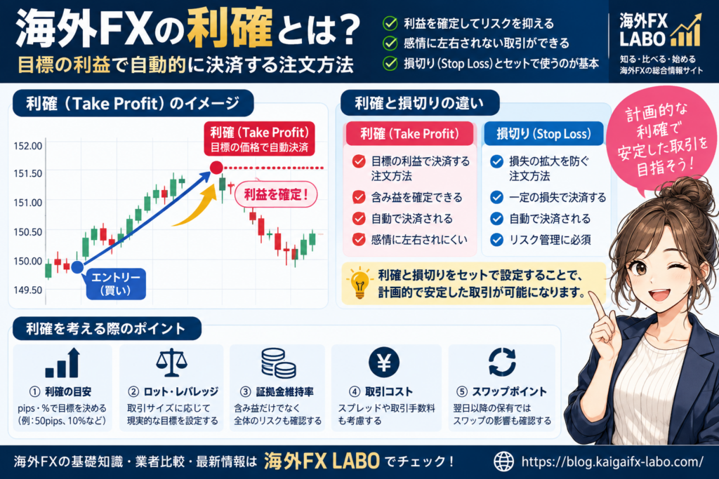 海外FXの利確とは？Take Profit（TP）の仕組みや損切りとの違いを解説した図解