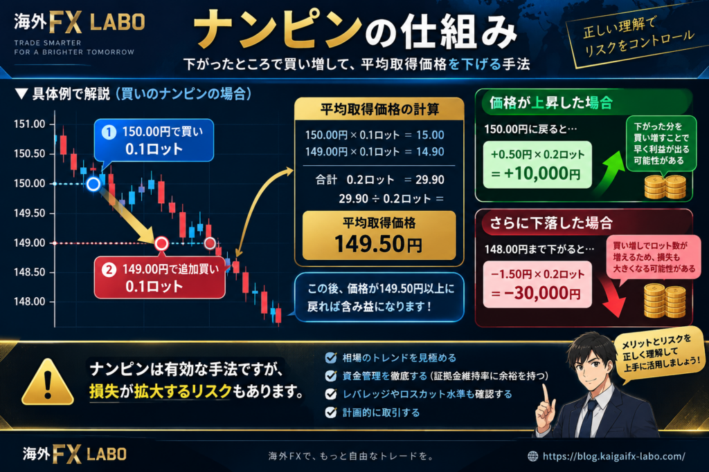 海外FXのナンピンとは？150円と149円で同じロットを買った場合の平均取得価格149.50円と損失拡大リスクを解説した図解