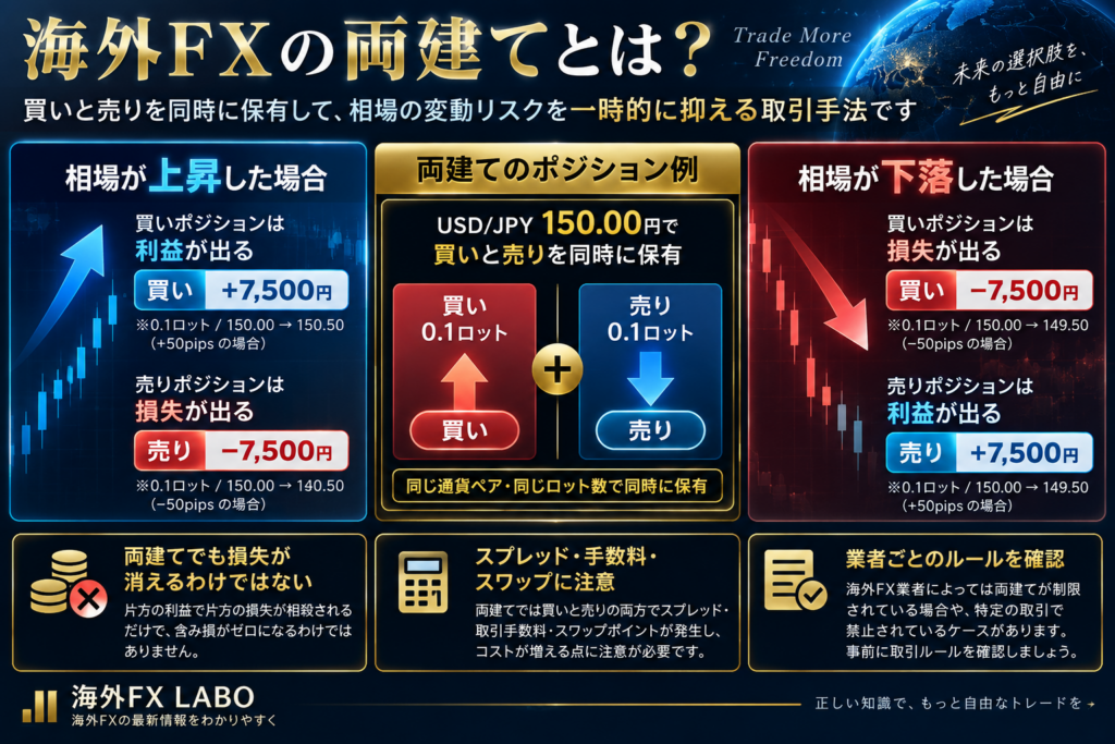 海外FXの両建てとは？買いと売りを同時に保有した場合の仕組み・損益・取引コスト・注意点を解説した図解