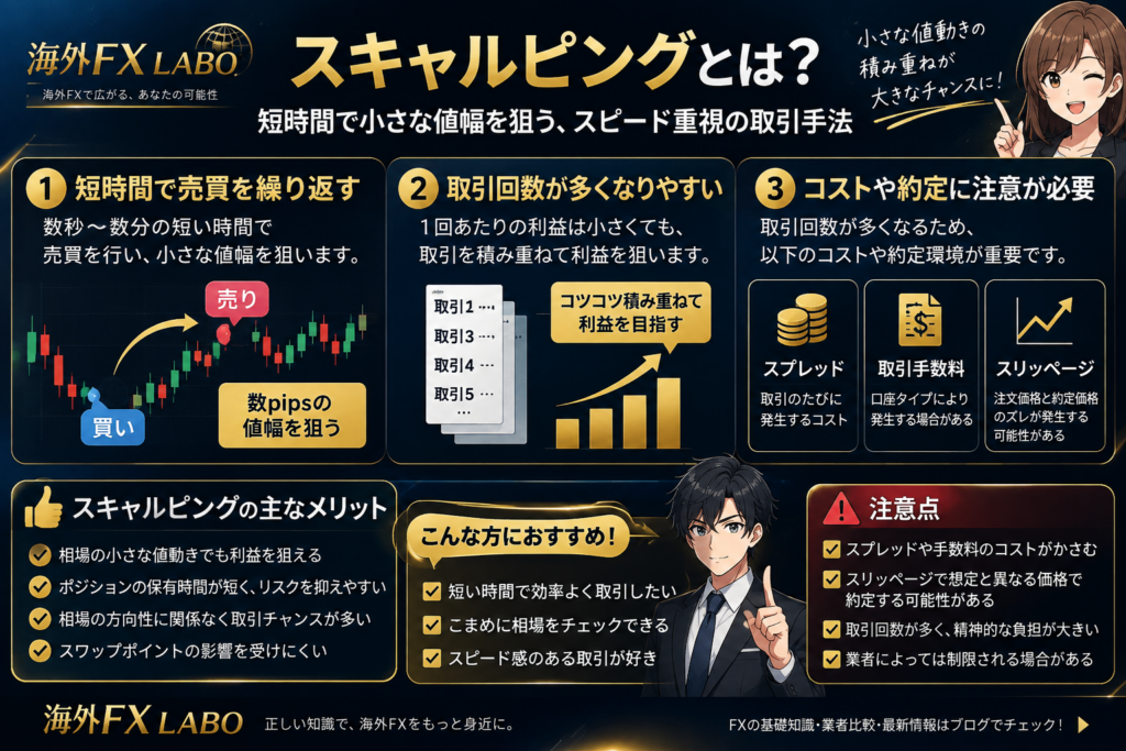 海外FXのスキャルピングとは？短時間で売買を繰り返す仕組みとスプレッド・取引手数料・スリッページなどの注意点を解説した図解