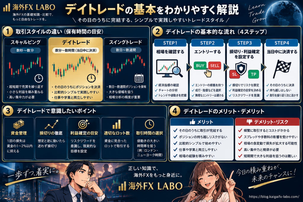 海外FXのデイトレードとは？スキャルピングとの保有時間の違いとエントリー・損切り・利益確定・当日決済の流れを解説した図解