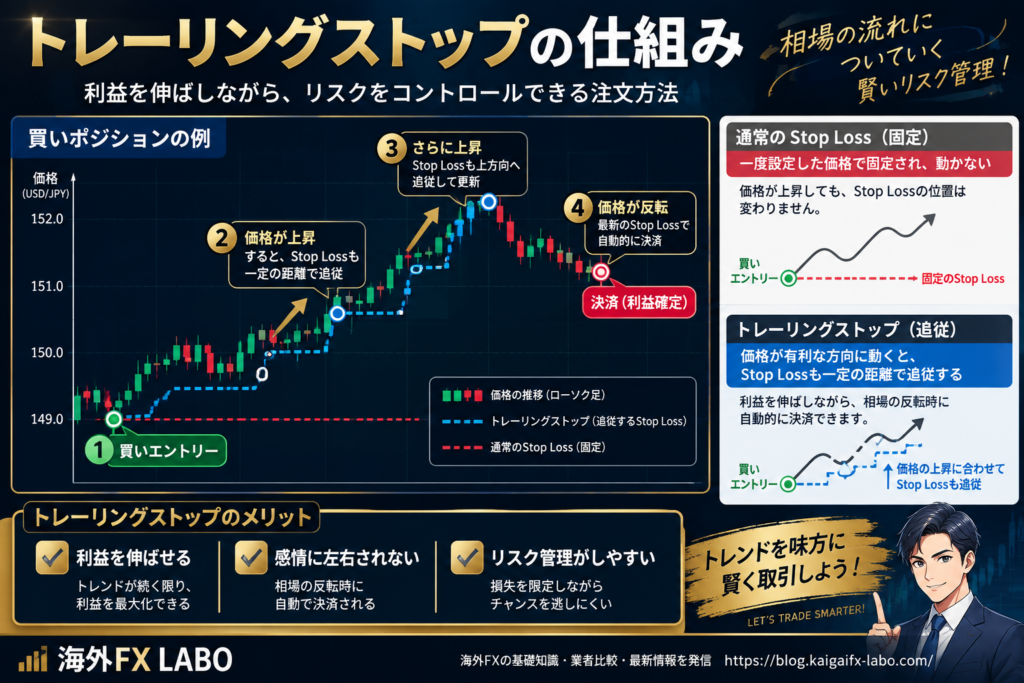 海外FXのトレーリングストップとは？価格の上昇に合わせてStop Lossが追従する仕組みと通常の損切りとの違いを解説した図解