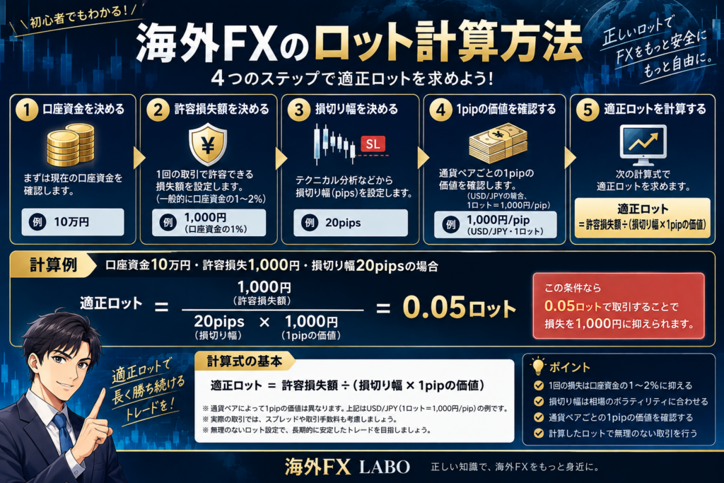 海外FXのロット計算方法とは？口座資金・許容損失額・損切り幅・pip価値から適正ロットを求める流れを解説した図解