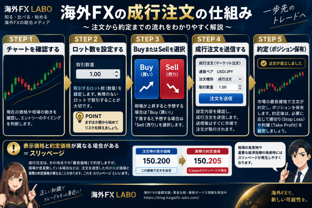 海外FXの成行注文とは？チャート確認・ロット設定・売買選択・注文送信・約定までの流れとスリッページを解説した図解