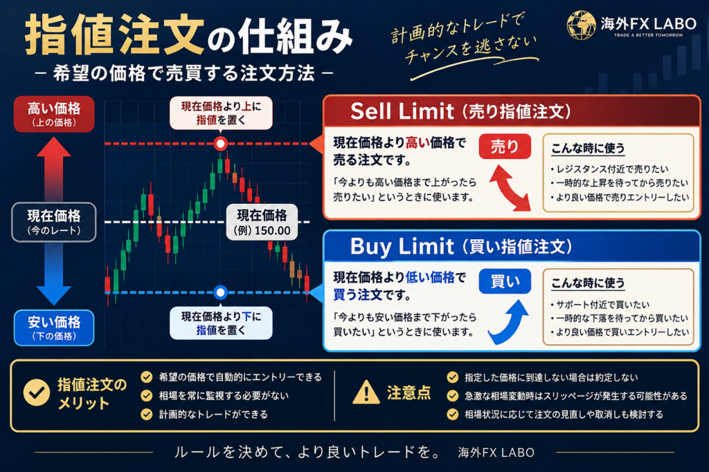 海外FXの指値注文とは？現在価格より高いSell Limitと低いBuy Limitの仕組み・使い方・注意点を解説した図解