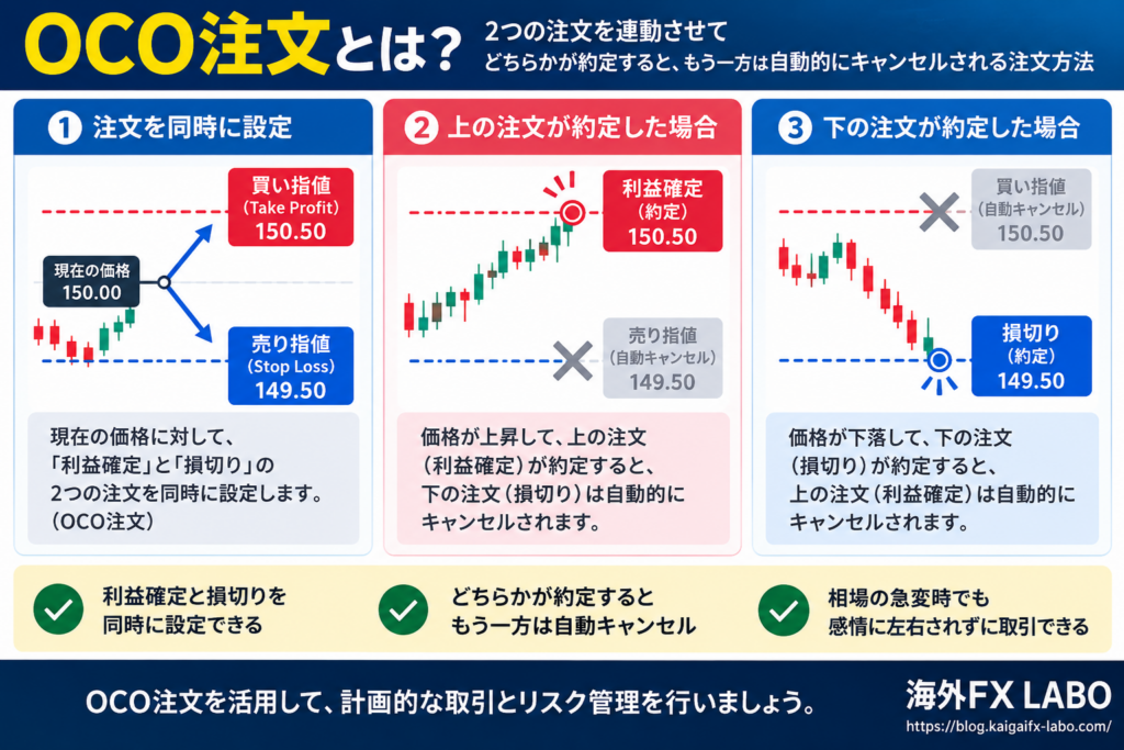 海外FXのOCO注文とは？利益確定と損切りの2つの注文を設定し、一方が約定するともう一方が自動キャンセルされる仕組みを解説した図解