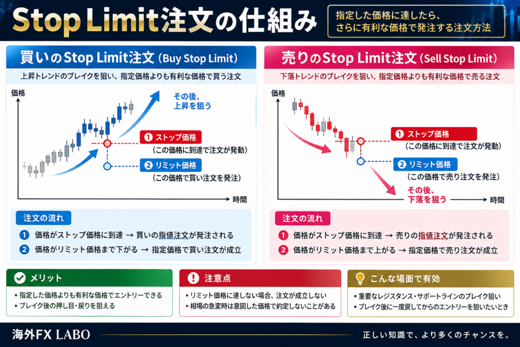 海外FXのStop Limit注文とは？Buy Stop LimitとSell Stop Limitの仕組み・Stop価格とLimit価格の関係を解説した図解