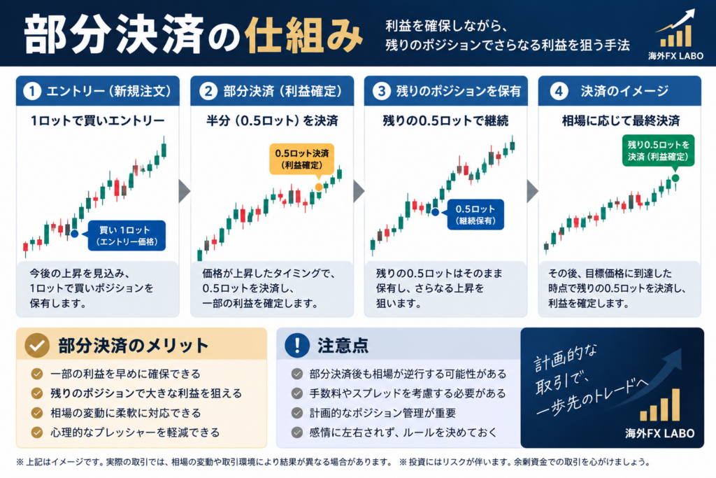 海外FXの部分決済とは？1ロットのポジションの一部を決済し残りを保有する仕組みと取引の流れを解説した図解
