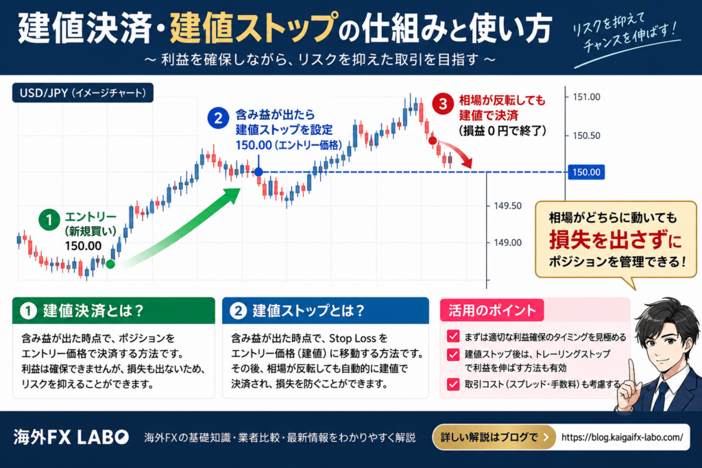 海外FXの建値決済・建値ストップとは？エントリー後にStop Lossを建値付近へ移動してポジションを管理する仕組みを解説した図解