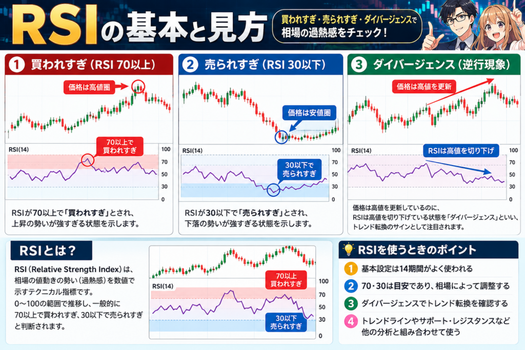 海外FXのRSIとは？70以上の買われすぎ・30以下の売られすぎ・ダイバージェンスの基本的な見方を解説した図解