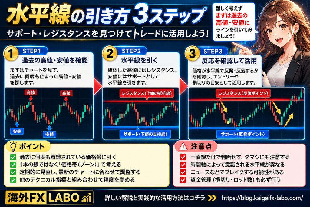 海外FXの水平線の引き方3ステップ｜過去の高値・安値からサポートとレジスタンスを見つける方法