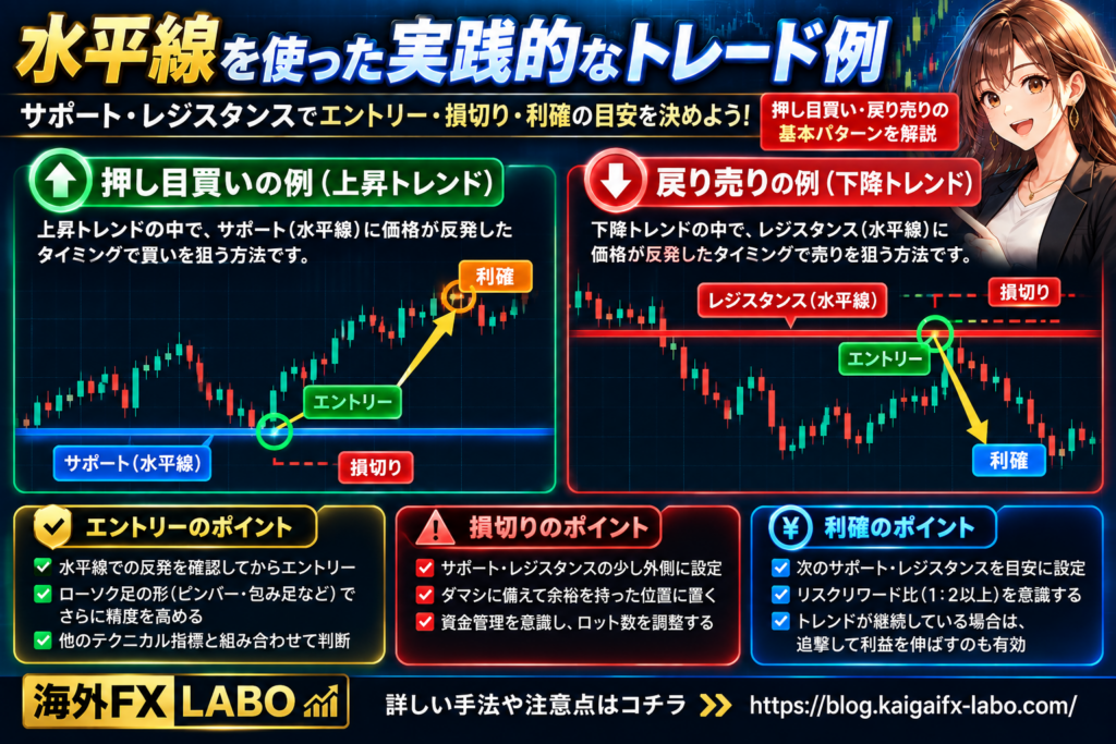 海外FXの水平線を使った押し目買いと戻り売り｜サポート・レジスタンスでエントリー・損切り・利確を判断する方法
