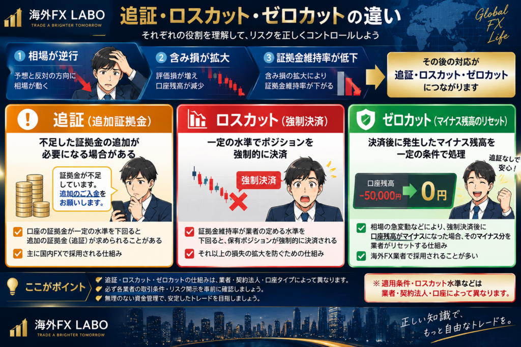 海外FXの追証・ロスカット・ゼロカットの違い｜追加証拠金・強制決済・マイナス残高処理の仕組みを図解
