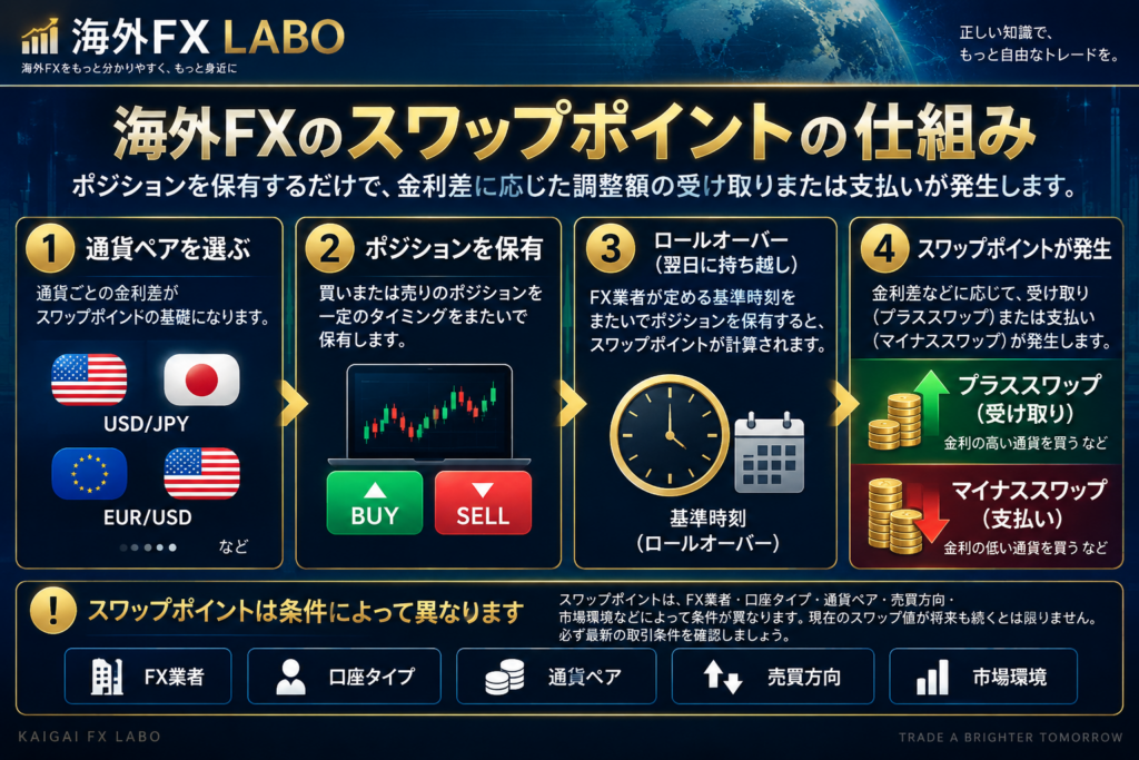 海外FXのスワップポイントの仕組み｜ロールオーバーとプラス・マイナススワップを図解