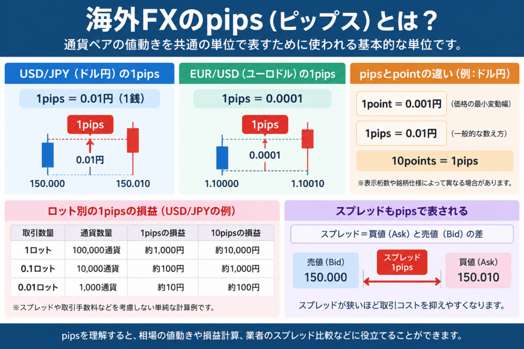 海外FXのpipsとは？ドル円・ユーロドルの1pipsの値幅とロット別損益を図解
