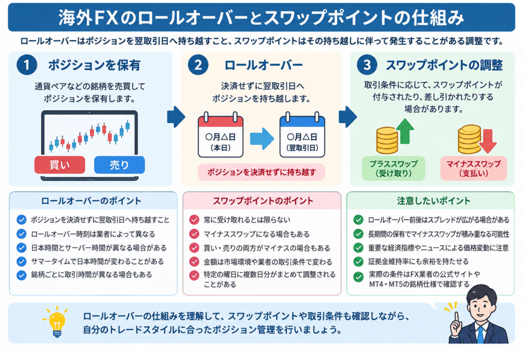 海外FXのロールオーバーとは？スワップポイントとの関係や注意点を図解