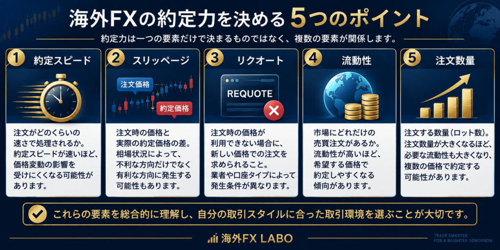 海外FXの約定力とは？約定スピード・スリッページ・リクオート・流動性・注文数量の5つのポイントを図解