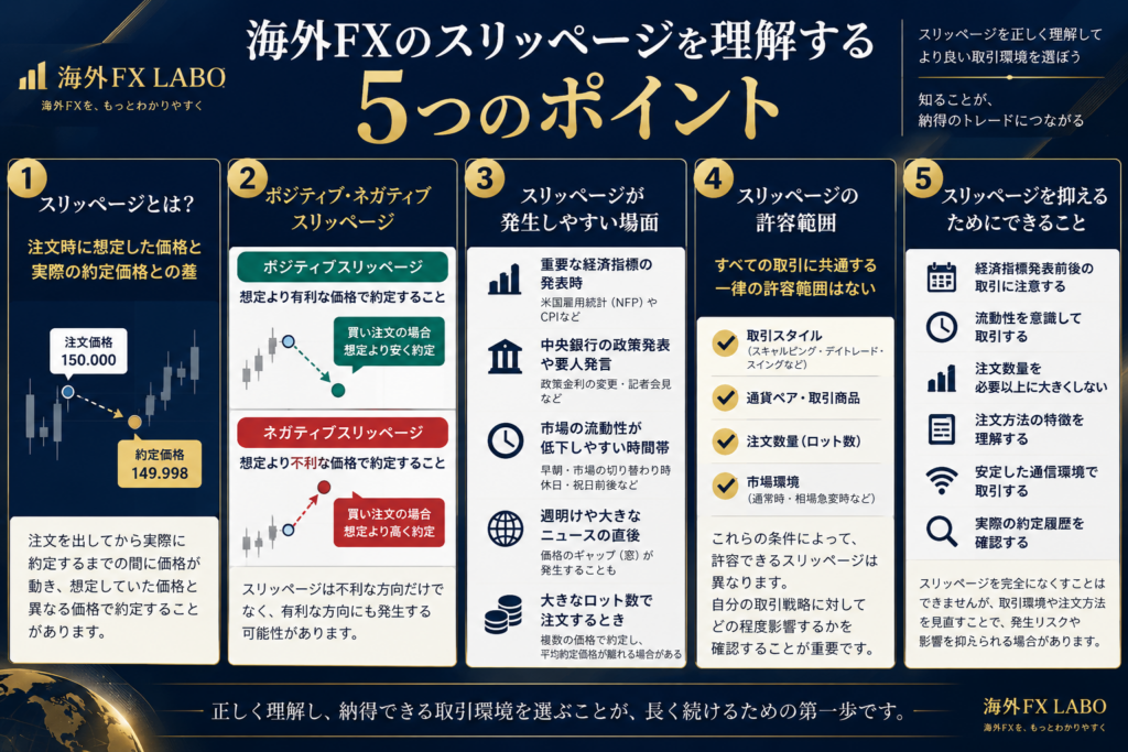 海外FXのスリッページとは？ポジティブ・ネガティブスリッページや発生原因・許容範囲・対策を5つのポイントで図解