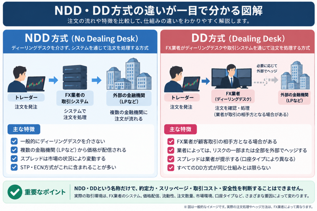 海外FXのNDD・DD方式とは？注文処理の仕組みや特徴の違いを比較した図解
