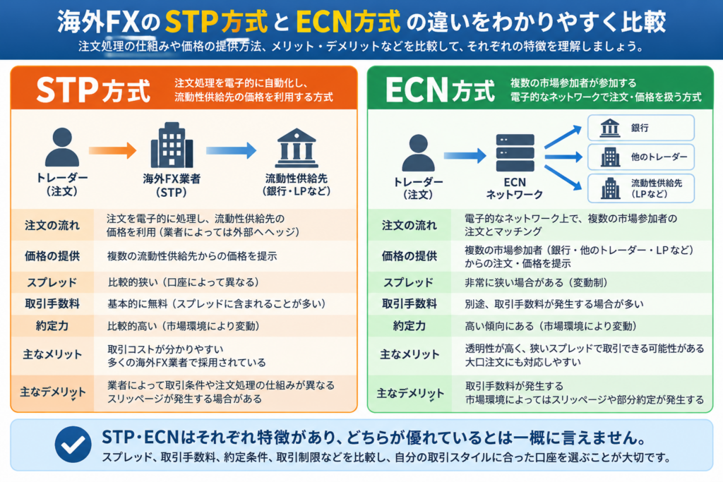 海外FXのSTP・ECN方式とは？注文処理の仕組み・スプレッド・取引手数料・特徴の違いを比較した図解