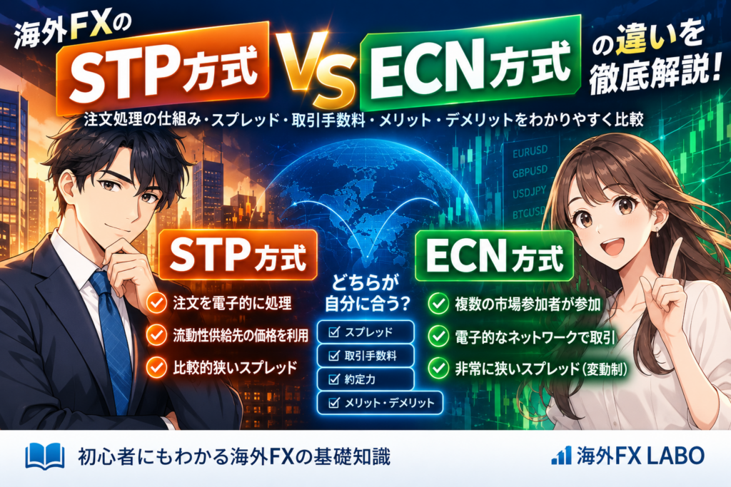 海外FXのSTP・ECN方式とは？注文処理の仕組み・スプレッド・取引手数料・特徴の違いを比較した図解
