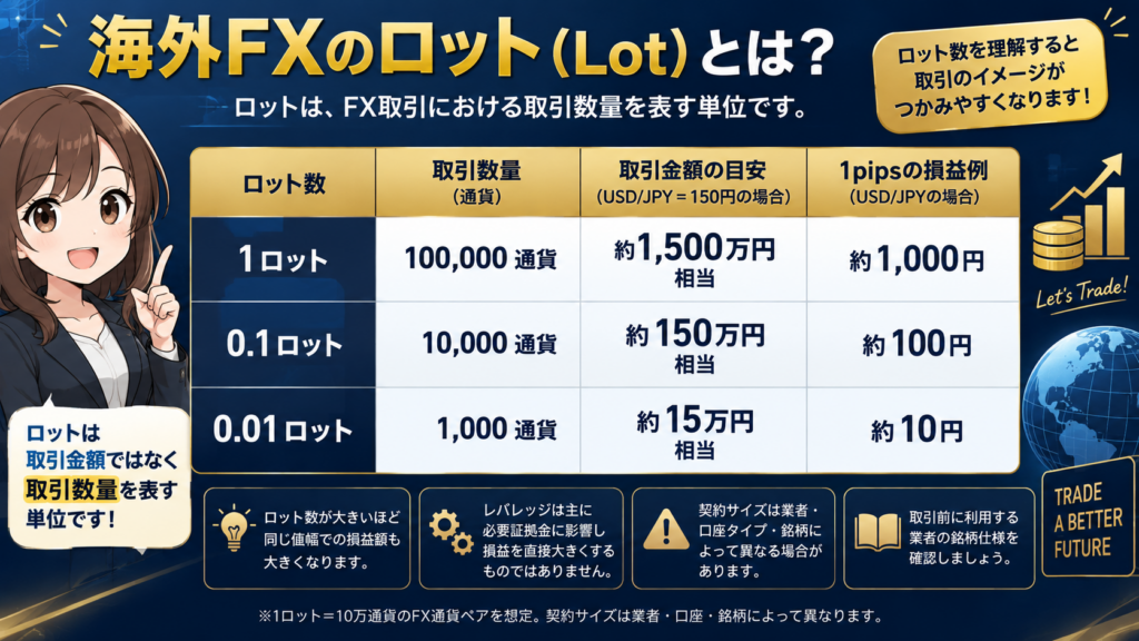 海外FXのロットとは？1ロット・0.1ロット・0.01ロットの取引数量と1pipsの損益を比較した図解