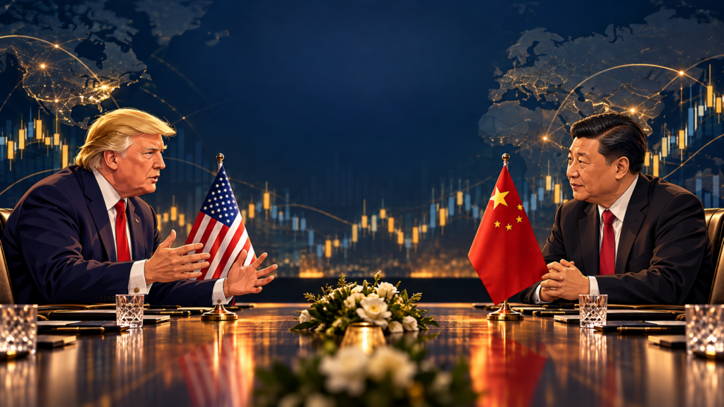 米国と中国の卓上国旗を置いた会議室と為替チャートを描いた、米中首脳会談の相場解説用イメージ画像