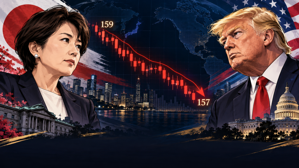 片山財務相とトランプ大統領をイメージしたイラスト。ドル円が159円付近から157円台へ下落する様子