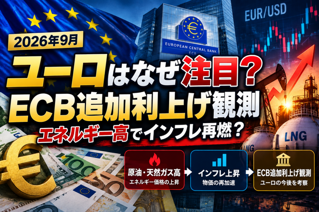 ユーロはなぜ注目？ECB追加利上げ観測と原油・天然ガス高によるインフレ再燃、ユーロドルの今後を考察 画像内の主要内容であるユーロ・ECB・追加利上げ・エネルギー高・ユーロドルを自然に含めています。