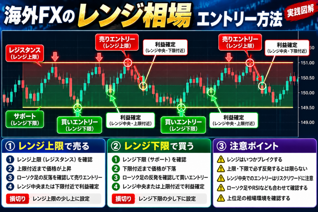 海外FXのレンジ相場のエントリー方法｜レンジ上限で売り・下限で買う方法と損切り・利益確定