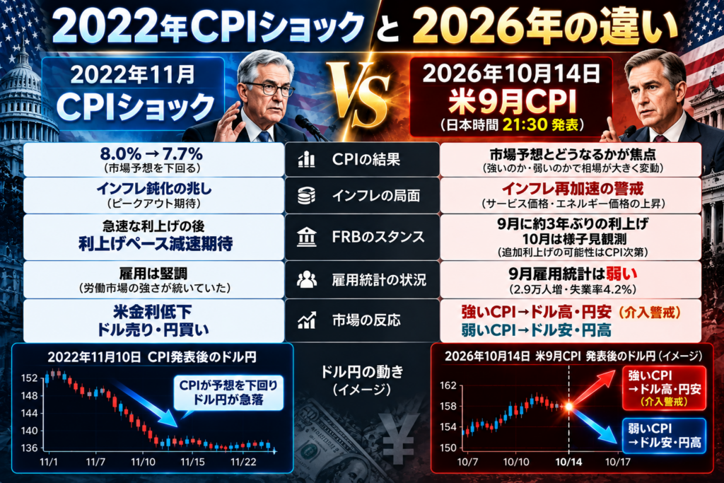 2022年CPIショックと2026年10月米CPIの違い｜インフレ・FRB金融政策・雇用統計・ドル円の反応を比較
