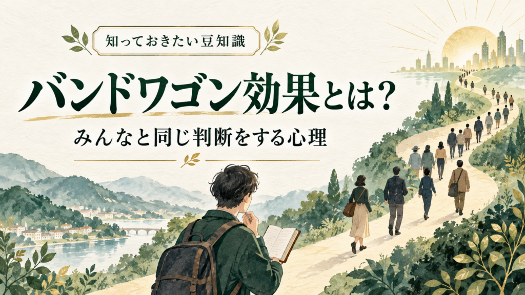 バンドワゴン効果を同じ道を進む人々と手帳を確認する人物で表したイラスト