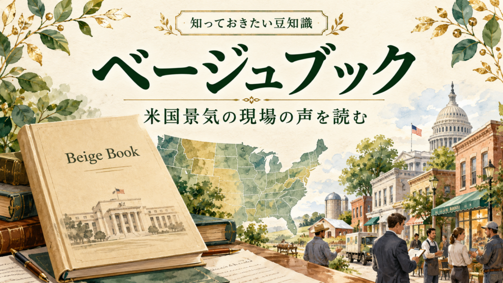 ベージュブックを、ベージュ色の報告書と米国の地図、地域の企業で表したイメージ