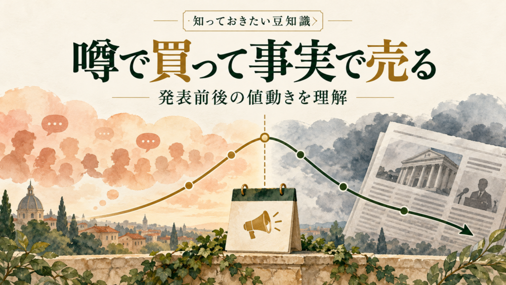 噂で買って事実で売るという格言を、期待の吹き出しと発表日の新聞で表したイメージ