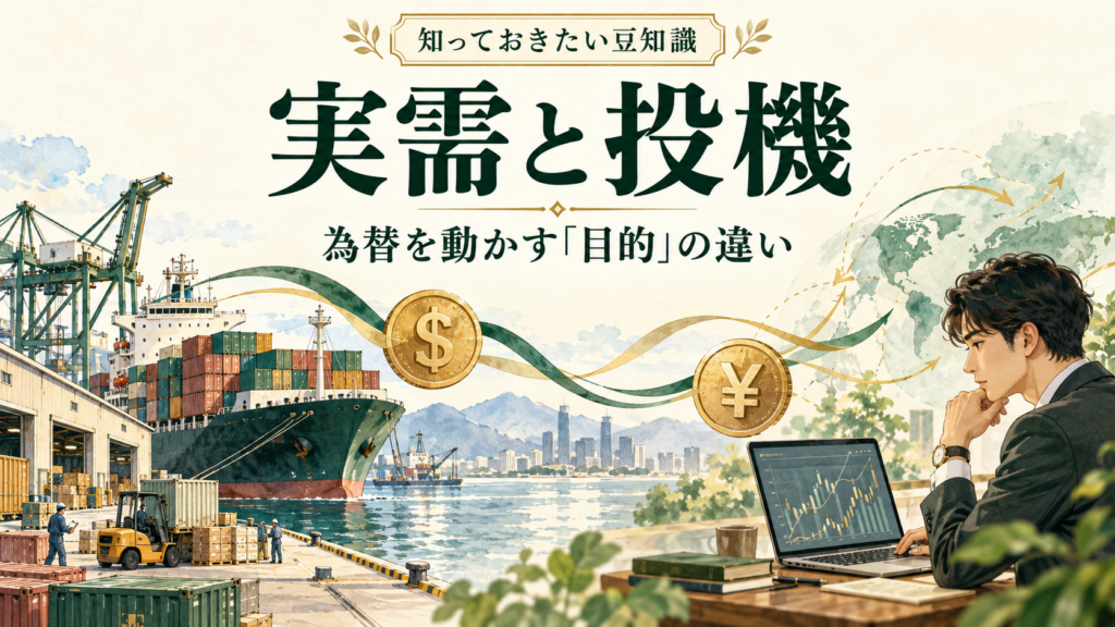 実需と投機の違いを表す、貿易港の貨物船と為替チャートを確認する人物のイラスト