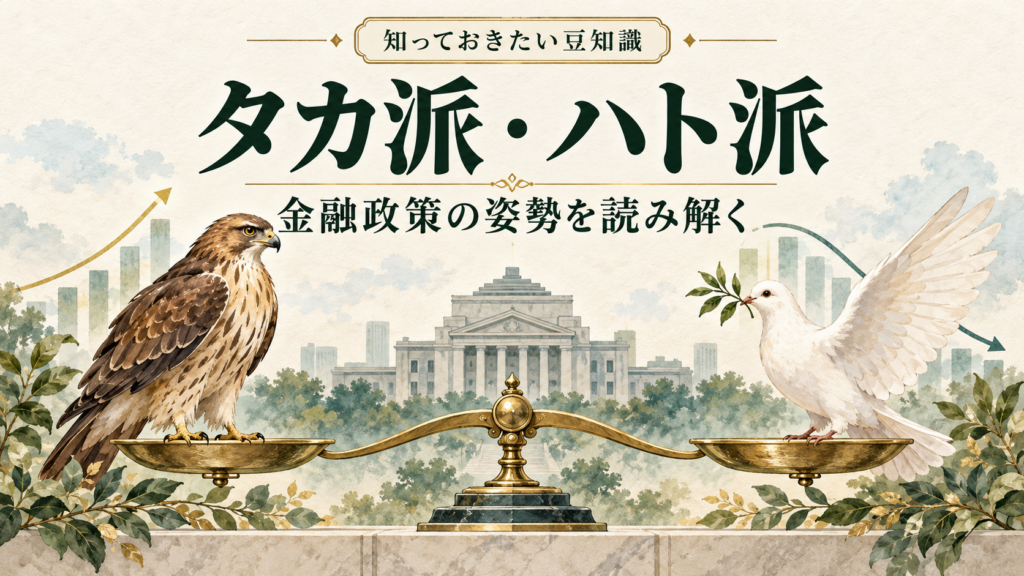 タカ派とハト派の金融政策に対する姿勢の違いを、鷹と鳩と天秤で表したイメージ