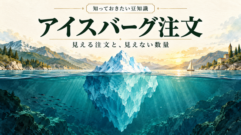 アイスバーグ注文の表示数量と隠れた数量を、水面上と水面下の氷山で表したイラスト