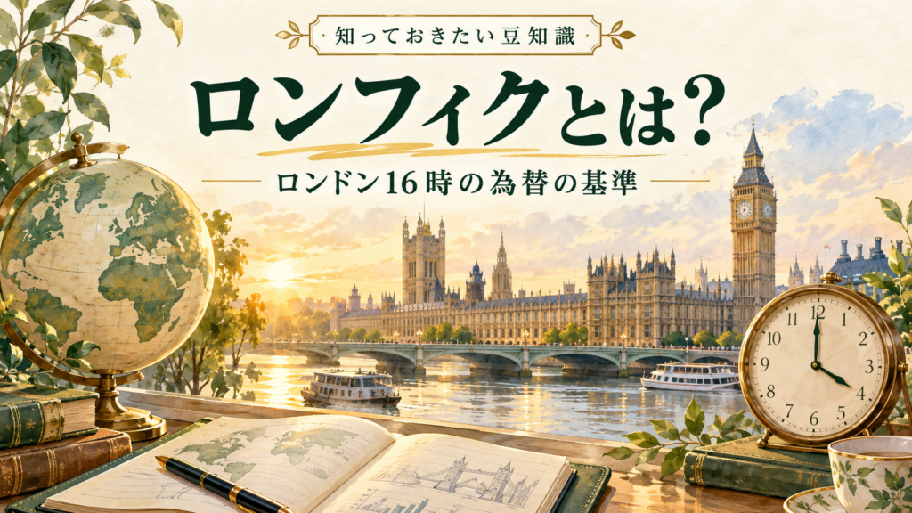 ロンフィクをイメージしたロンドンの街並みと午後4時を示す時計のイラスト