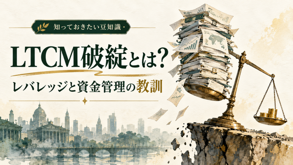 LTCM破綻の教訓を大量の運用書類と傾いた天秤で表したイラスト