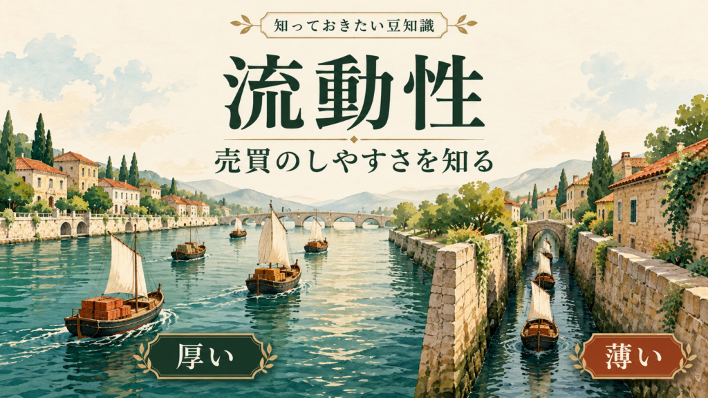 流動性の厚い市場と薄い市場を、広い水路と狭い水路を進む船で比較したイメージ