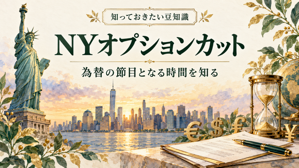 NYオプションカットを、ニューヨークの街並みと砂時計、契約書で表したイメージ